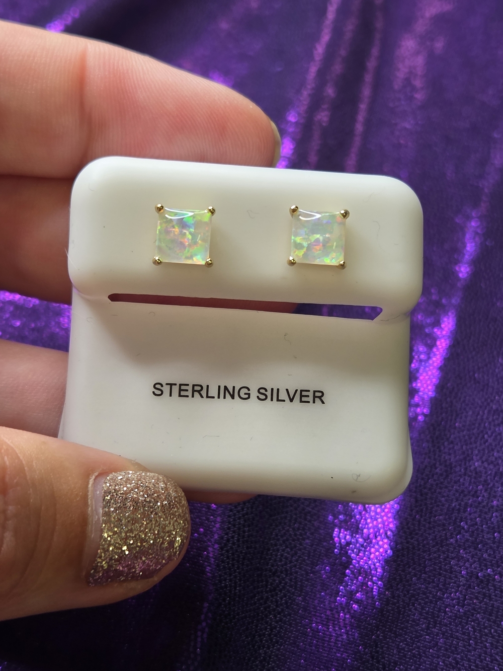 Sterling Silver 14k Gold Vermeil White Fire Opal Square Stud Earrings